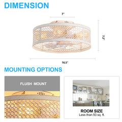 12.5 Inch Flush Mount Caged Ceiling Fan with Light and Remote, DC Motor, 6-Speed, Timer, Modern Low Profile Enclosed Ceiling Fan for Bedroom, Bulbs Not Included