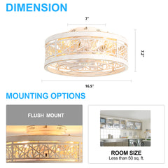 16.5" White Caged Ceiling Fans with Lights, Low Profile Ceiling Fan with Remote and Reversible Fan Blades, Farmhouse Chandelier Fan for Bedroom, Kitchen, Living Room