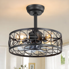 16.5-inch Matte Black Caged Ceiling Fan with Remote and Light( 7-Blade)