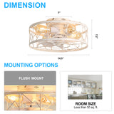 16.5" Caged Ceiling Fans with Lights and Remote, Small Low Profile Ceiling Fan with Light, Farmhouse Flush Mount White Ceiling Fan for Bedroom, Kitchen, Living Room
