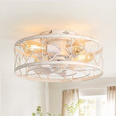 16.5" Caged Ceiling Fans with Lights and Remote, Small Low Profile Ceiling Fan with Light, Farmhouse Flush Mount White Ceiling Fan for Bedroom, Kitchen, Living Room