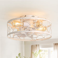 16.5" Caged Ceiling Fans with Lights and Remote, Small Low Profile Ceiling Fan with Light, Farmhouse Flush Mount White Ceiling Fan for Bedroom, Kitchen, Living Room