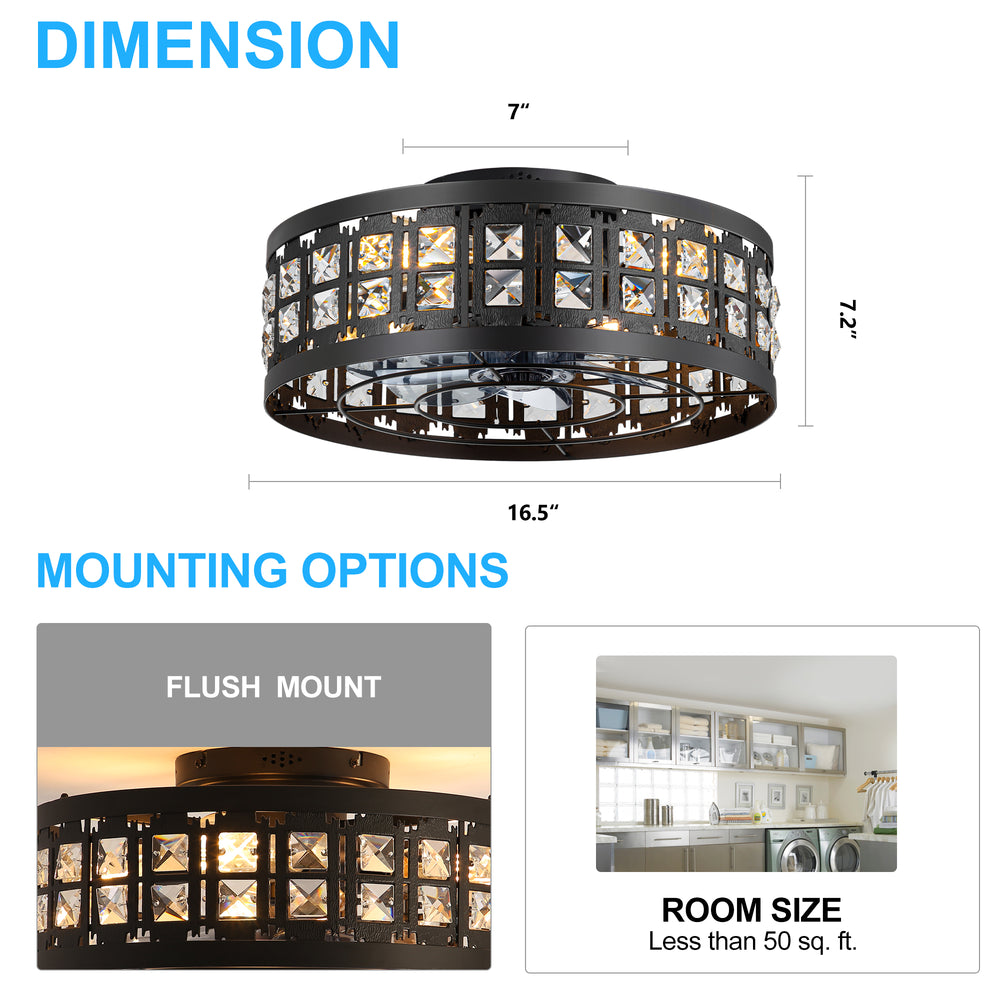 Auvara 16.5-Inch Small Caged Flush Mount Ceiling Fan With Light