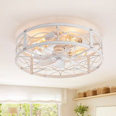 20-in Distressed White Flush Mount Caged Ceiling Fan with Light Remote(7-Blade)
