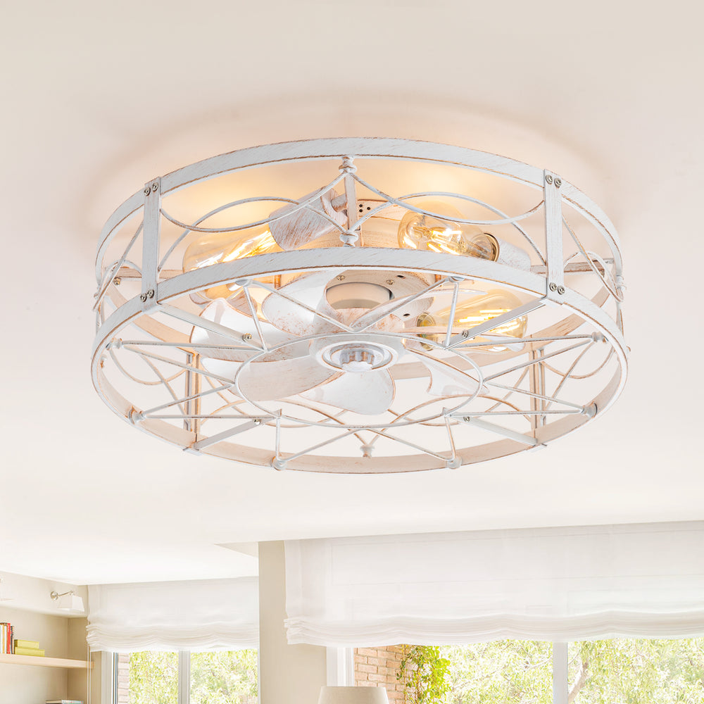 20-in Distressed White Flush Mount Caged Ceiling Fan with Light Remote(7-Blade)