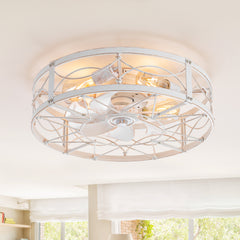 20-in Distressed White Flush Mount Caged Ceiling Fan with Light Remote(7-Blade)