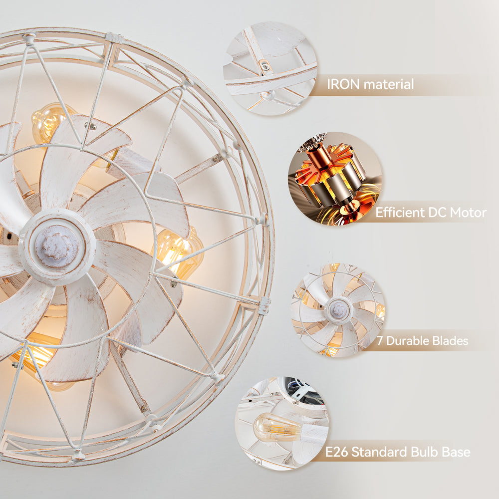 20-in Distressed White Flush Mount Caged Ceiling Fan with Light Remote(7-Blade)
