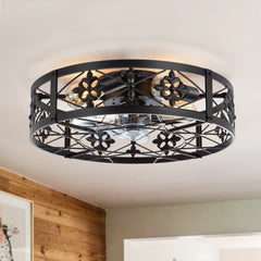 20-in 7-Blade Matte Black Flush Mount Caged Ceiling Fan with Remote Light