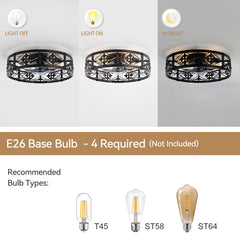 20-in 7-Blade Matte Black Flush Mount Caged Ceiling Fan with Remote Light