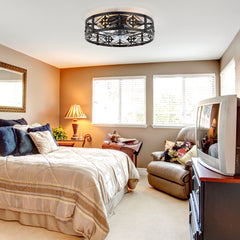 20-in 7-Blade Matte Black Flush Mount Caged Ceiling Fan with Remote Light