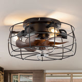 12.5-in Industrial Flush Mount Small Caged Ceiling Fan with Remote Light(7-Blade)