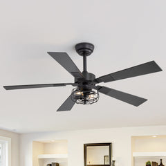 48-in Matte Black Industrial 5 Reversible Blades Ceiling Fan with Light and Remote,4in and 8in Downrod Included