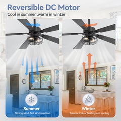48-in Matte Black Industrial 5 Reversible Blades Ceiling Fan with Light and Remote,4in and 8in Downrod Included