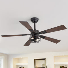 48-in Matte Black Industrial 5 Reversible Blades Ceiling Fan with Light and Remote,4in and 8in Downrod Included