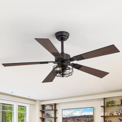 48-in Matte Black Industrial 5 Reversible Blades Ceiling Fan with Light and Remote,4in and 8in Downrod Included