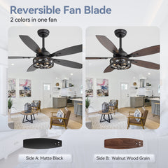 48-inch Wood 5-Blade Crystal Fandelier Ceiling Fan with Remote and Light,4in and 8in Downrods Included