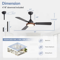 48-in Reversible 3-Blade Ceiling Fan with Intergrated LED Light and Remote,4in and 8in Downrod Included