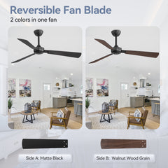 52-inch Industrial 3-Blade Wooden Ceiling Fan with Remote, No Light, Quiet DC 6-Speed Motor, Reversible Dual-Finish Blades (Black/Walnut Wood Grain), Includes 4" & 8" Downrods, for Bedroom Living Room
