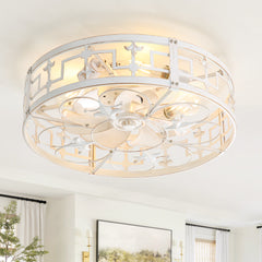 20-inch Distressed White Flush Mount Caged Ceiling Fan with Light Remote(7-Blades)
