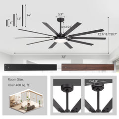 Large 72-Inch Ceiling Fan with Light, Matte Black Finish, 22W LED 3-Color Temperature, 10 Dual-Finish Plywood Blades, Reversible DC Motor, Remote Control,Light Memory Function