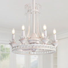 22-Inch Distressed White Crystal Chandelier Ceiling Fan with Light and Remote,7 ABS Blades,6 Speed Reversible DC Motor,20.8" Downrod for Dining Rooms, Bedrooms, Living Rooms