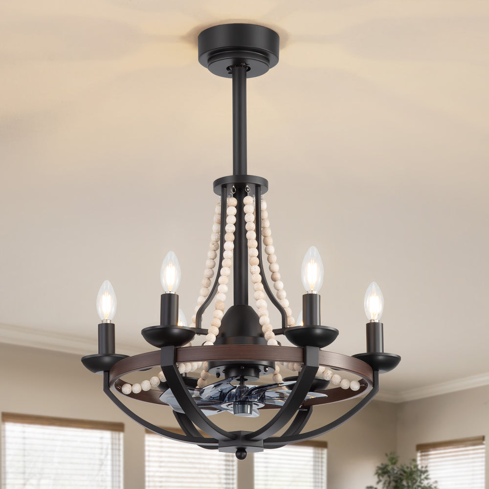 22-Inch Farmhouse Chandelier Ceiling Fan with Light and Remote – 7 ABS Blades for Powerful Airflow, Black Metal Frame with Wood Accents & Decorative Beads, Reversible DC Motor, 6-Light E12 Bulb Base, Forward/Reverse Airflow, Timer Function