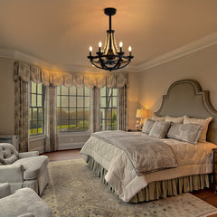 22-Inch Farmhouse Chandelier Ceiling Fan with Light and Remote – 7 ABS Blades for Powerful Airflow, Black Metal Frame with Wood Accents & Decorative Beads, Reversible DC Motor, 6-Light E12 Bulb Base, Forward/Reverse Airflow, Timer Function