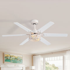 2pcs 46-inch Distressed White Ceiling Fan with 6 Blades, Leaf Cage Light Fixture, Quiet Reversible DC Motor, Remote Control,6" Downrod