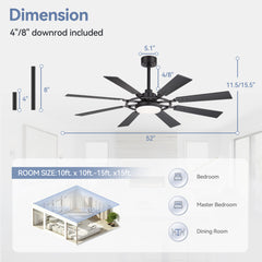 52-inch Modern Ceiling Fan with 8 Reversible Blades, 22W LED Light, Quiet DC Motor, 3 Color Temps, Remote Control, 4"and 8" Downrods Included