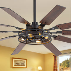 60-inch Reversible 10-Blade Open-Caged Metal Ceiling Fan with Light Kit, Remote Control, Quiet DC 6-Speed Motor, 5" and 10" Downrods and Dual-Finish Blades