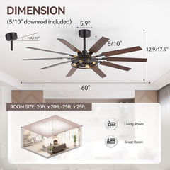 60-inch Reversible 10-Blade Open-Caged Metal Ceiling Fan with Light Kit, Remote Control, Quiet DC 6-Speed Motor, 5" and 10" Downrods and Dual-Finish Blades