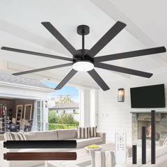72-Inch Extra-Large Ceiling Fan with LED Light and Remote – 8 Reversible Dual-Finish Blades, Quiet Energy-Efficient DC Motor with 6 Speeds & Reversible Airflow, 3-Color LED with Memory Function, Includes 5", 10", 15" Downrods for Flexible Installation