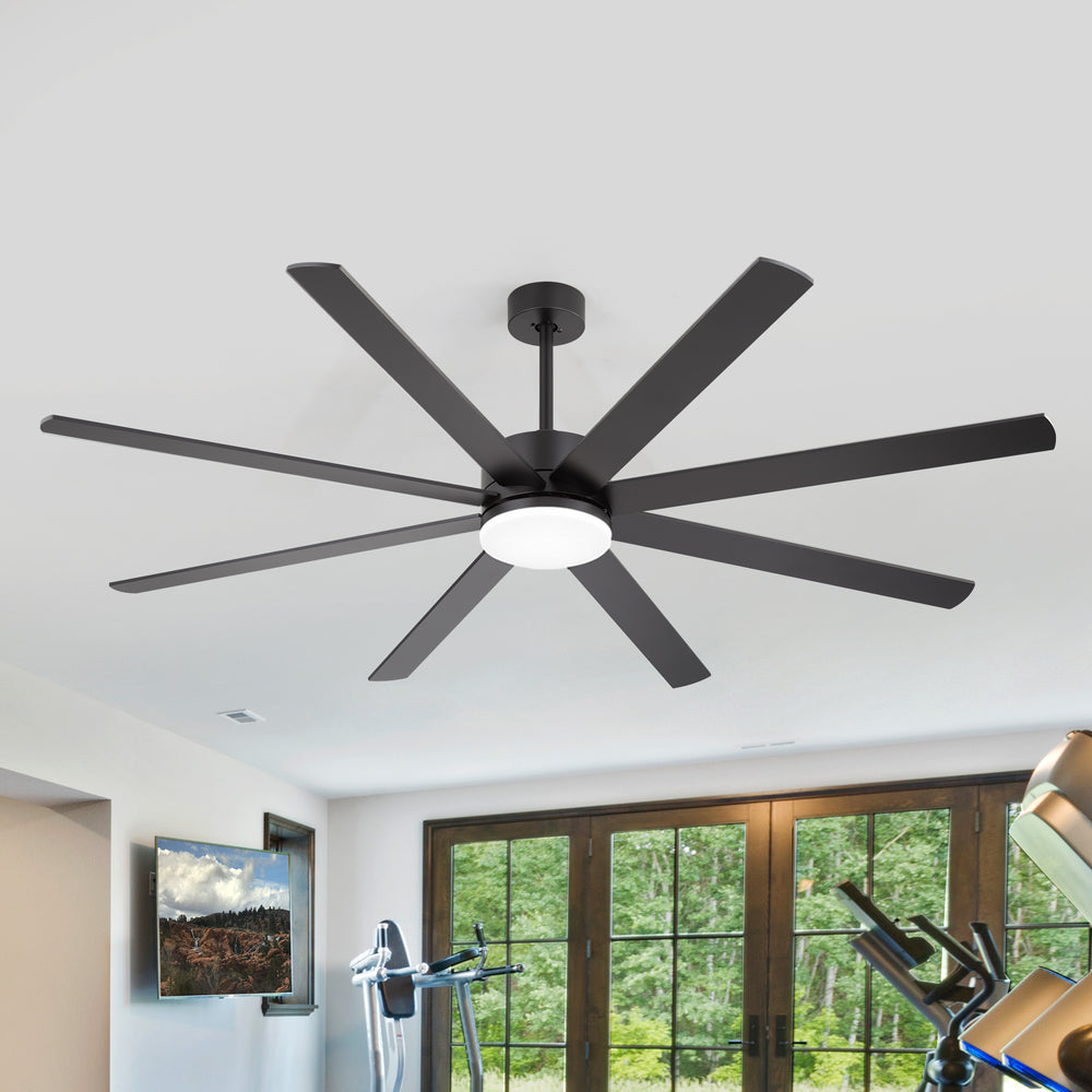 Home gym treadmill and spin bike under Luminor 72-inch black 8-blade ceiling fan with light
