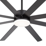 Close-up underside Luminor 72-inch black 8-blade ceiling fan hub and opal LED lens