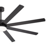Close-up of Luminor 72-inch black ceiling fan motor hub and glowing LED light