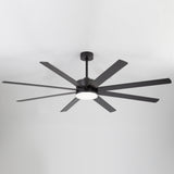 Studio angled bottom view Luminor 72-inch black 8-blade ceiling fan with LED light glowing