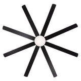 Straight-on studio view Luminor 72-inch black 8-blade ceiling fan around white LED globe