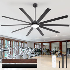84-Inch Extra-Large Ceiling Fan with LED Light and Remote – 10 Reversible Dual-Finish Blades, Quiet Energy-Efficient DC Motor with 6 Speeds & Reversible Airflow, 3-Color LED with Memory Function, Includes 8", 12", 24" Downrods for High Ceilings