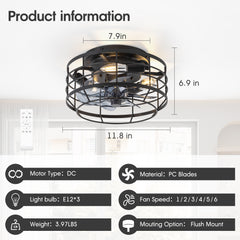 11.8" Caged Ceiling Fan with Light, Matte Black/Stain Nickel Finish, 7 ABS Blades, E12 Bulb Base, DC Motor, 6 Speeds, Reverse Function, Timer, Remote Control, Flush Mount