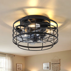 11.8" Caged Ceiling Fan with Light, Matte Black/Stain Nickel Finish, 7 ABS Blades, E12 Bulb Base, DC Motor, 6 Speeds, Reverse Function, Timer, Remote Control, Flush Mount