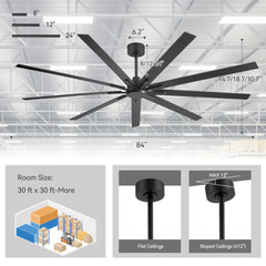 84" Industrial Matte Black Ceiling Fan No Light with Remote Control, 9 Reversible Blades, DC Motor, 6 Speeds, Forward/Reverse Airflow, 3 Downrods (8"/12"/24"), For Large Indoor Spaces