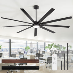 84" Matte Black Ceiling Fan with Integrated LED Light (3 Color Temps 3000K/4000K/6000K) & Remote, 9 Reversible Blades, Energy-Efficient DC Motor, 6 Speeds, Forward/Reverse Airflow, Includes 8"/12"/24" Downrods