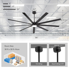 84" Matte Black Ceiling Fan with Integrated LED Light (3 Color Temps 3000K/4000K/6000K) & Remote, 9 Reversible Blades, Energy-Efficient DC Motor, 6 Speeds, Forward/Reverse Airflow, Includes 8"/12"/24" Downrods