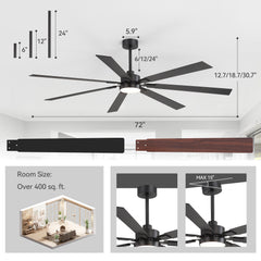 Large 72" Modern Ceiling Fan with LED Light and Remote, 7 Reversible Black/Dark Walnut Blades, Quiet DC Motor, 6-Speed Reversible Airflow, 3-Color Temperature, Includes 6"/12"/24" Downrods for Sloped or Flat Ceilings