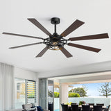 65” Ceiling Fan with Light, 8-Blade Ceiling Fan, Metal Cage Light Kit, Dual-Finish Plywood Blades, DC Motor, 6 Speeds, Remote Control, 2*E26 Bulbs Base, Downrod Mount, Modern Indoor Ceiling Fan for Living Room & Bedroom