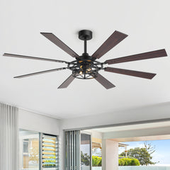 65” Ceiling Fan with Light, 8-Blade Ceiling Fan, Metal Cage Light Kit, Dual-Finish Plywood Blades, DC Motor, 6 Speeds, Remote Control, 2*E26 Bulbs Base, Downrod Mount, Modern Indoor Ceiling Fan for Living Room & Bedroom