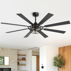 65” Ceiling Fan with Light, 8-Blade Ceiling Fan, Metal Cage Light Kit, Dual-Finish Plywood Blades, DC Motor, 6 Speeds, Remote Control, 2*E26 Bulbs Base, Downrod Mount, Modern Indoor Ceiling Fan for Living Room & Bedroom