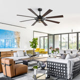 65” Ceiling Fan with Light, 8-Blade Ceiling Fan, Metal Cage Light Kit, Dual-Finish Plywood Blades, DC Motor, 6 Speeds, Remote Control, 2*E26 Bulbs Base, Downrod Mount, Modern Indoor Ceiling Fan for Living Room & Bedroom