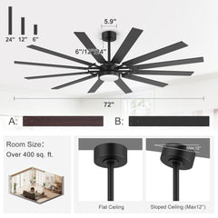 72”/80” Large Ceiling Fan with Light, Modern LED Ceiling Fan with 10/12 Plywood Blades, DC Motor, 3000–4000–6000K 3-Color Light, Dual-Finish Blades, Remote Control, Downrod Mount, Reversible Airflow for Large Indoor Spaces