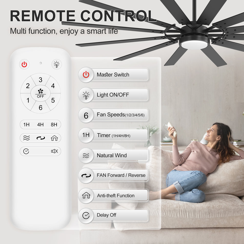 Dualvora 72/80 Inch Large Ceiling Fan With Light & Remote